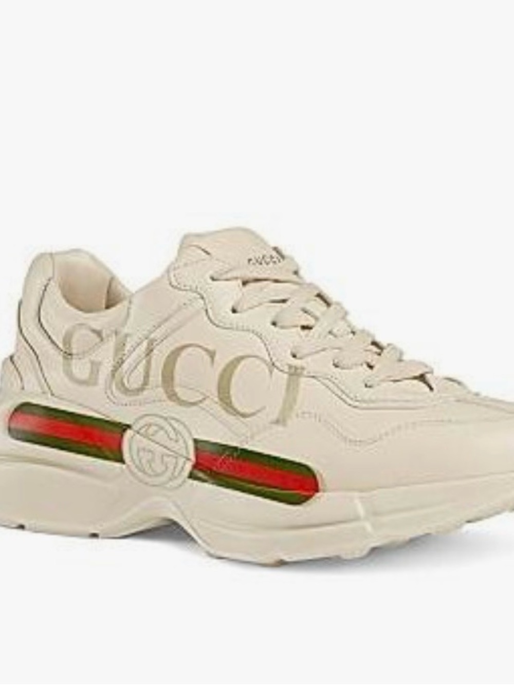 Gucci Cream Leather Women's Chunky Sneaker with Red-Green Web Stripe